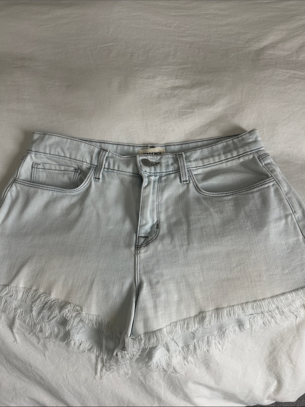 L'AGENCE Pale Blue Frayed Hem Denim Shorts